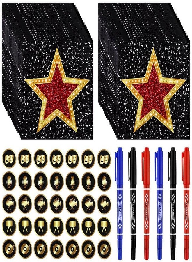 Beupy 70Pcs Star Sticker Set Large Glitter Movie Stickers for Floor Wall Decor, Movie Night Red Carpet Oscar Hollywood Party Decoration, with 6 Markers - Image 1